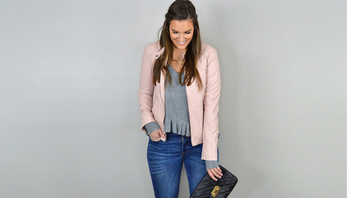 Grey Ruffled Sweater + Blush Jacket