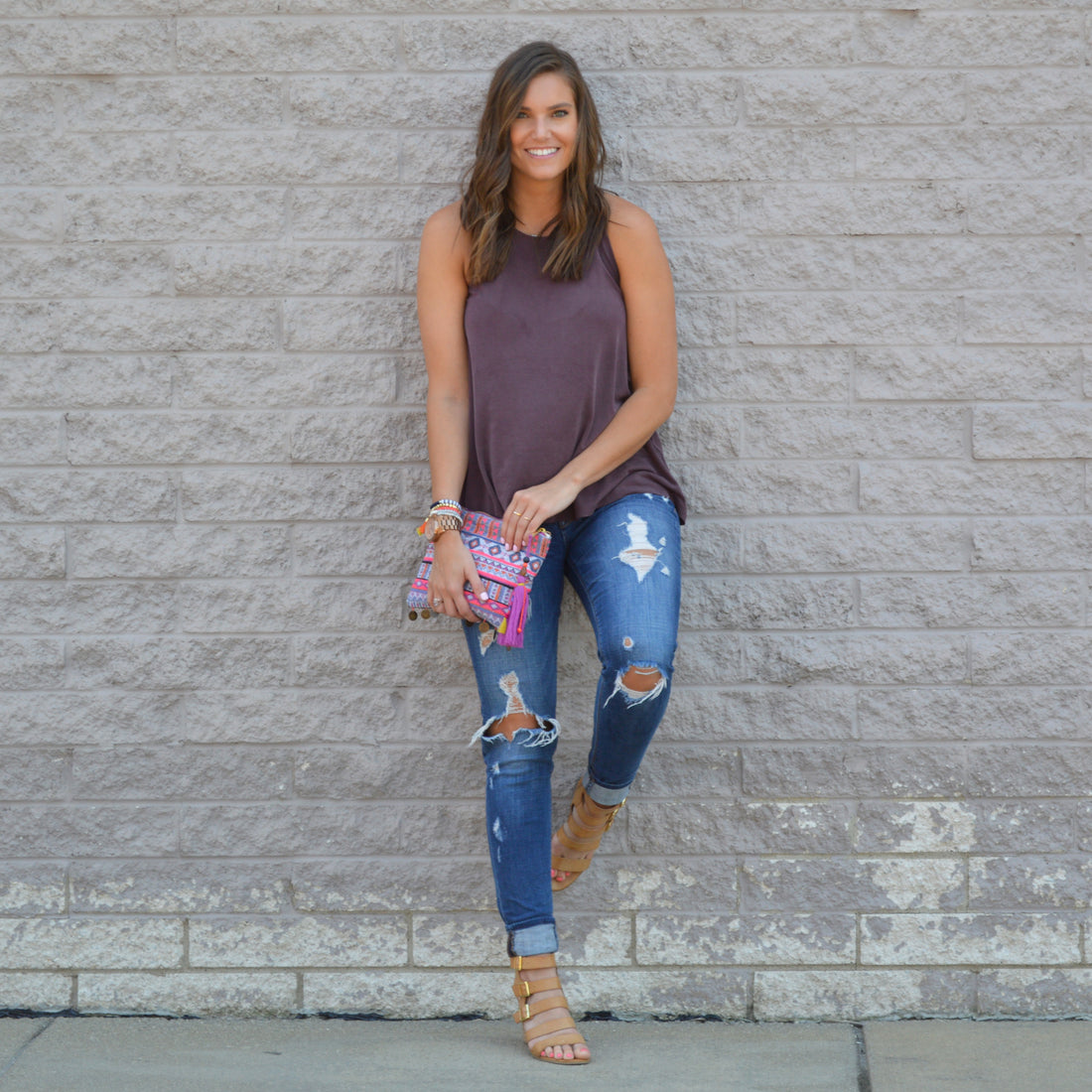 Muted Tank + Patterned Clutch